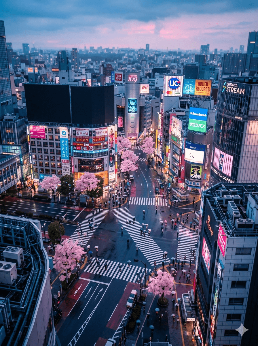 Neon-lit Tokyo street at dusk