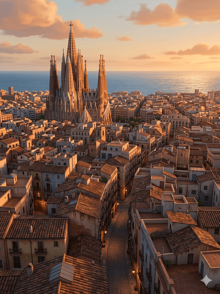 Barcelona Gothic Quarter rooftops with Sagrada Familia in the background